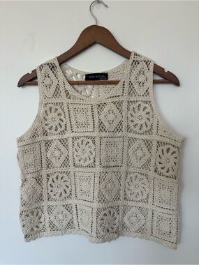 Boho Crochet Tank Top Beige Open Knit Festival Cottagecore OS